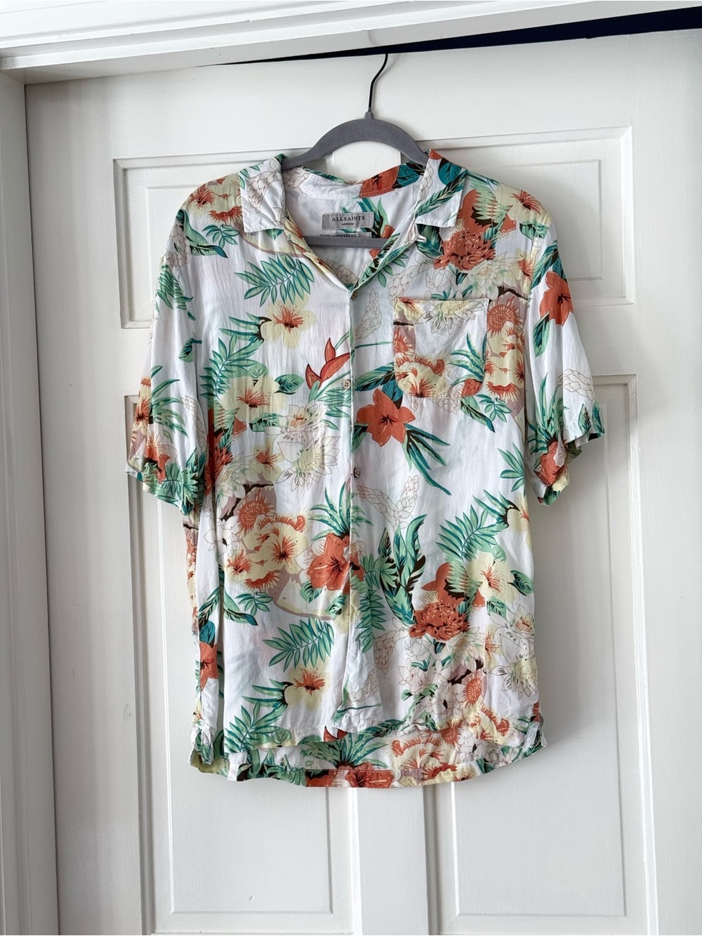 AllSaints White Floral Button-Down Shirt with Green & Orange Print
